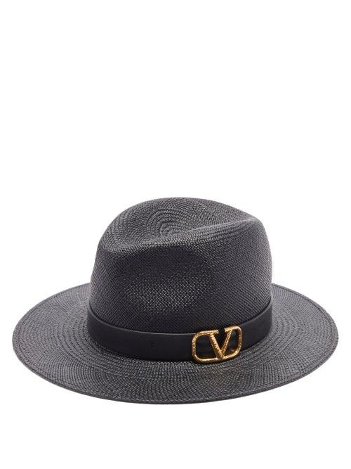 Matchesfashion.com Valentino Garavani - V-logo Leather-trimmed Straw Hat - Womens - Black