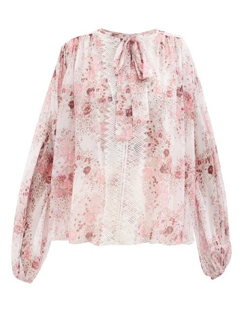 Matchesfashion.com Giambattista Valli - Lace-trimmed Floral-print Blouse - Womens - Pink