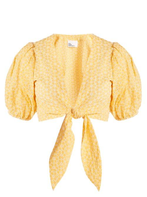 Matchesfashion.com Lisa Marie Fernandez - Puff Sleeved Tie Waist Cotton Blouse - Womens - Orange White