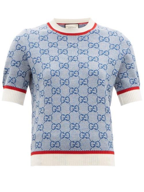 Matchesfashion.com Gucci - Gg Logo Jacquard Wool Blend Knitted Top - Womens - Blue Multi
