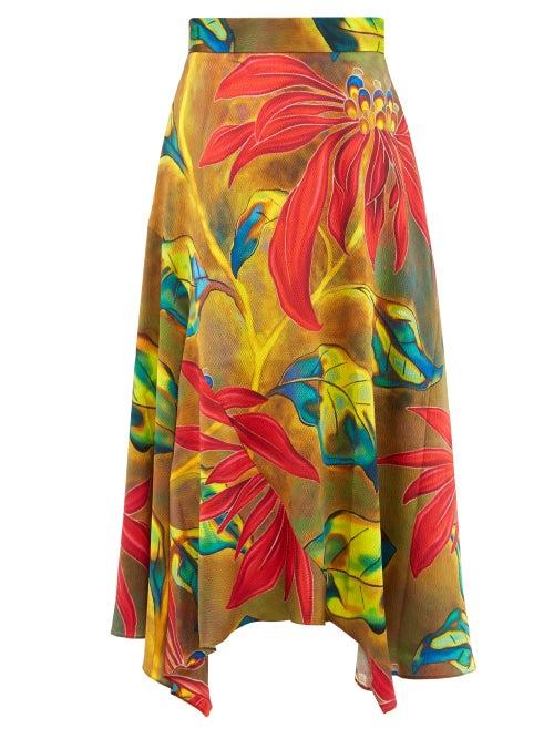 Matchesfashion.com Peter Pilotto - Tropical Print Silk Blend Cloqu Midi Skirt - Womens - Green Multi