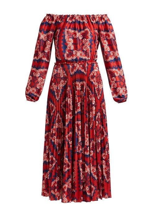 Matchesfashion.com Valentino - Off The Shoulder Bandana Print Jersey Midi Dress - Womens - Navy Multi