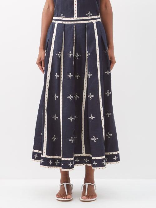 Vita Kin - Gera Embroidered Linen Skirt - Womens - Navy