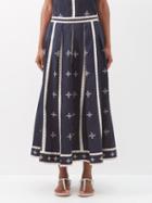 Vita Kin - Gera Embroidered Linen Skirt - Womens - Navy