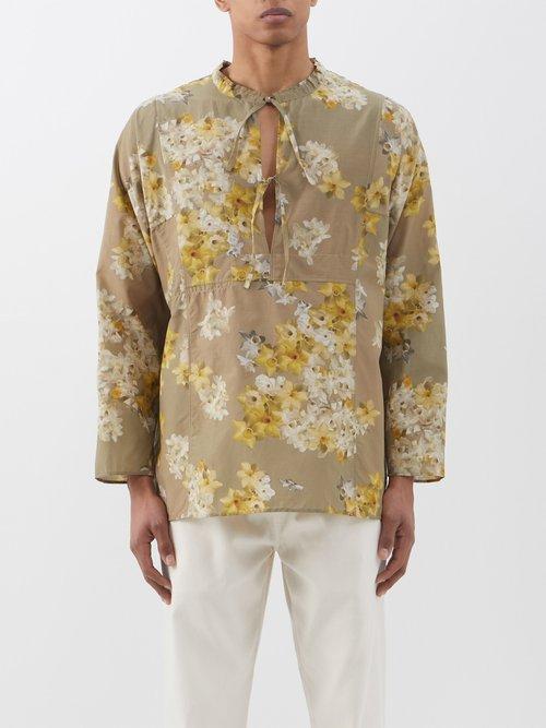 L.e.j - Daffodil-print Cotton-blend Habotai Tunic Shirt - Mens - Gold Multi