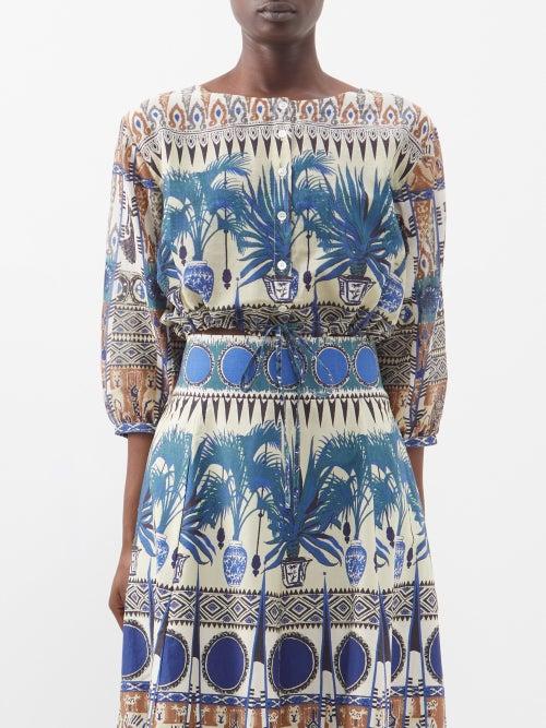 Emporio Sirenuse - Jinny Coptic Dancer Cotton-voile Shirt - Womens - Blue Multi