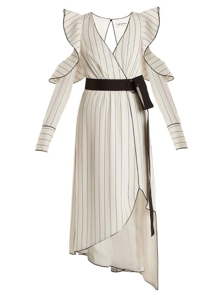 Self-portrait V-neck Cut-out Pinstriped Wrap Dress