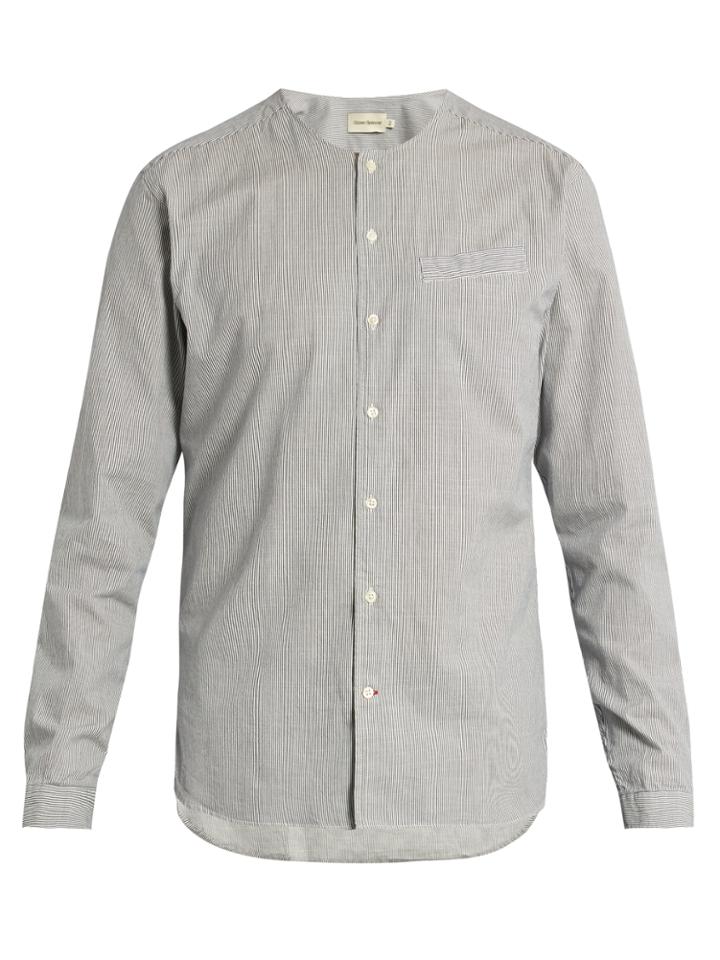 Oliver Spencer Tarifa Collarless Pinstriped Cotton Shirt