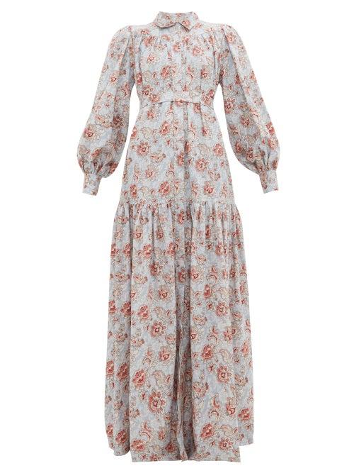 Matchesfashion.com Evi Grintela - Elsa Floral Print Cotton Maxi Shirtdress - Womens - Light Blue