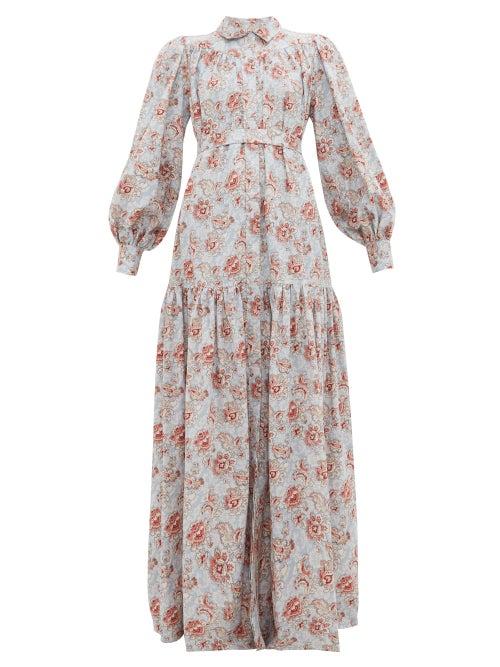 Matchesfashion.com Evi Grintela - Elsa Floral Print Cotton Maxi Shirtdress - Womens - Light Blue