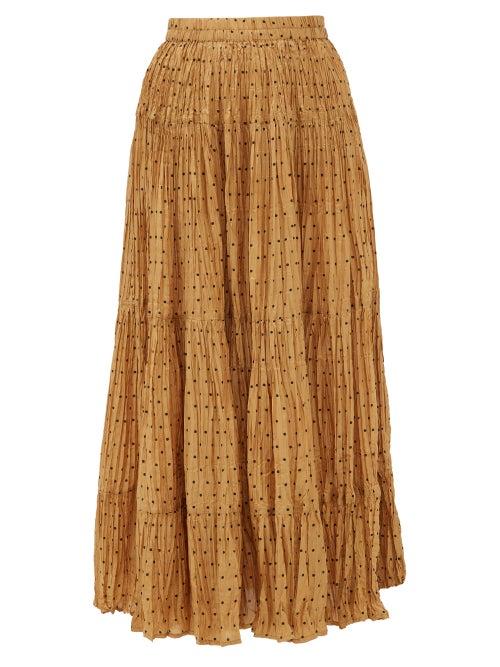 Matchesfashion.com Mes Demoiselles - Bronislava Polka-dot Pleated Silk Midi Skirt - Womens - Yellow Print
