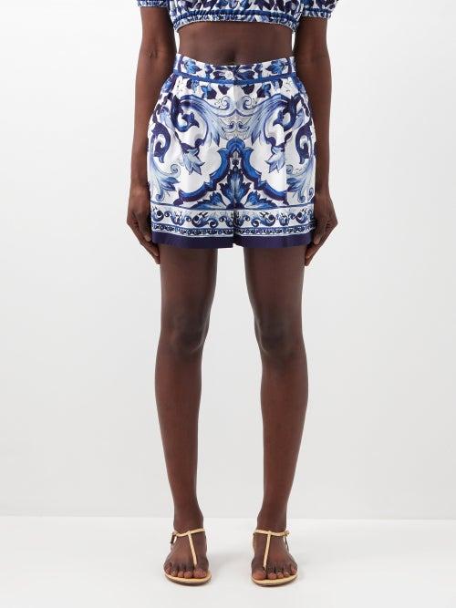 Dolce & Gabbana - Majolica-print Cotton-poplin Shorts - Womens - Blue White