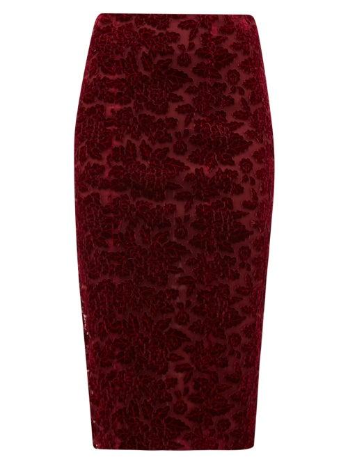 Matchesfashion.com Galvan - High Rise Rose Appliqu Velvet Pencil Skirt - Womens - Burgundy