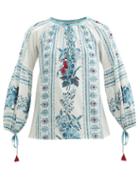 Matchesfashion.com D'ascoli - Olga Tasselled Floral-print Cotton-khadi Blouse - Womens - Blue Multi