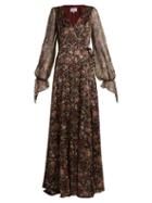 Matchesfashion.com Luisa Beccaria - Floral Print Sheer Sleeved Silk Blend Wrap Gown - Womens - Black Multi