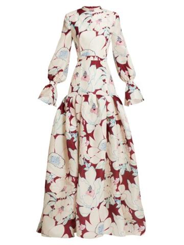 Matchesfashion.com Carolina Herrera - Oleander Floral Print Silk Gazar Gown - Womens - Burgundy Multi