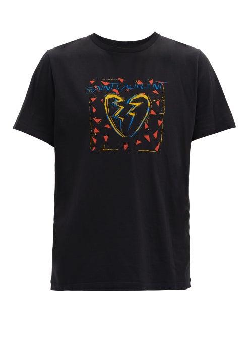 Matchesfashion.com Saint Laurent - Broken Heart-print Cotton T-shirt - Mens - Black