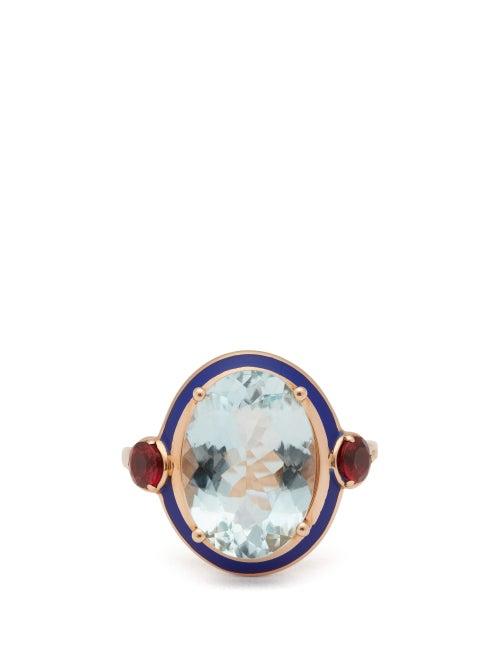 Matchesfashion.com Selim Mouzannar - 18kt Rose Gold Aquamarine, Spinel & Enamel Ring - Womens - Green