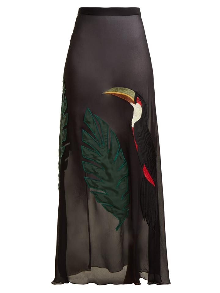 Adriana Degreas Toucan-embroidered Silk Skirt