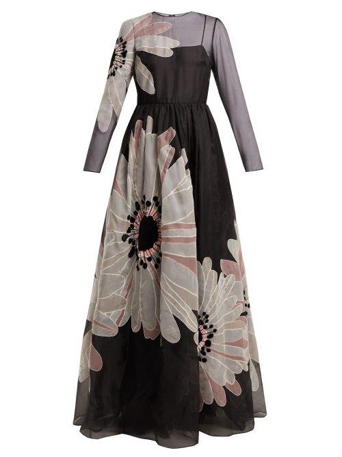 Matchesfashion.com Valentino - Flower Appliqu Organza Gown - Womens - Black Multi