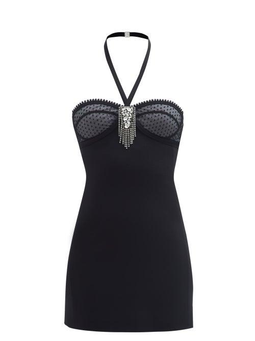Saint Laurent - Crystal-chain Sheer-cup Wool Dress - Womens - Black