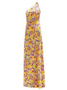 Saloni - Justine One-shoulder Floral-print Silk Dress - Womens - Yellow