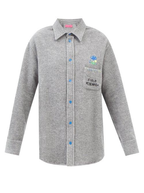 The Elder Statesman - Embroidered Cotton-blend Herringbone Shirt - Womens - Grey