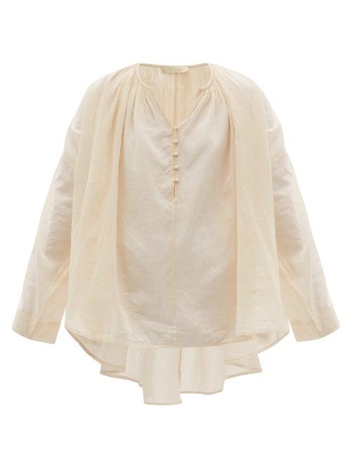 Matchesfashion.com Mes Demoiselles - Esmerelda Gathered V-neck Cotton Blouse - Womens - Light Pink