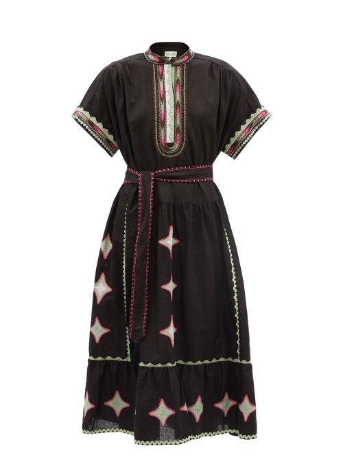 Saloni - Ashley Embroidered Cotton-blend Poplin Midi Dress - Womens - Black Multi
