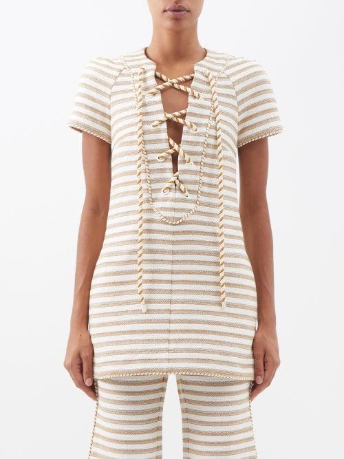 Zimmermann - Lace-front Striped Cotton-blend Top - Womens - Cream Stripe