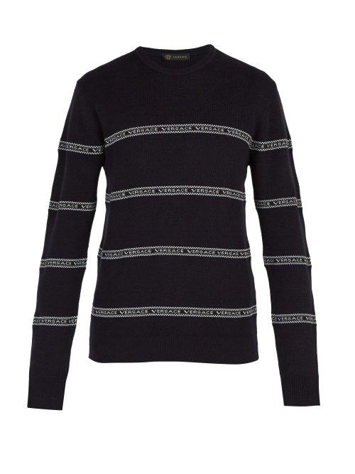 Matchesfashion.com Versace - Logo Tape Cotton Blend Sweater - Mens - Navy