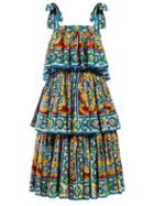Matchesfashion.com Dolce & Gabbana - Majolica Print Tiered Cotton Midi Dress - Womens - Blue Multi