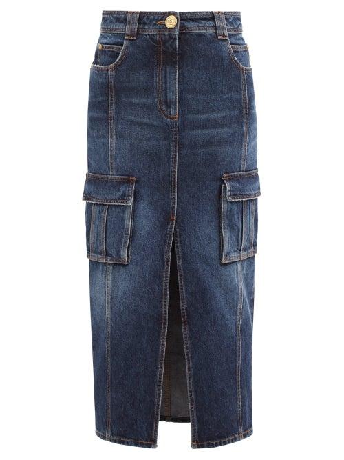 Matchesfashion.com Balmain - Slit-front Denim Midi Skirt - Womens - Blue