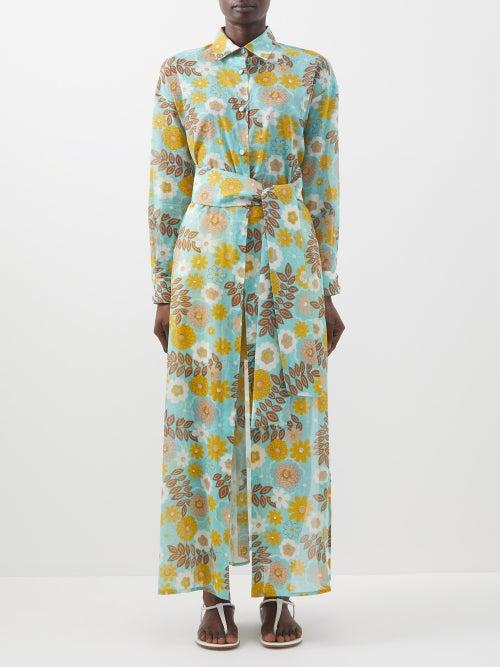 Loretta Caponi - Piera Floral-print Cotton-poplin Shirt Dress - Womens - Blue Print
