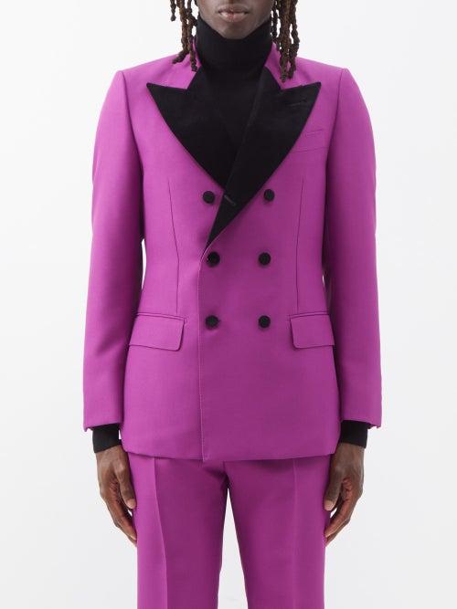 Gucci - Double-breasted Velvet-trim Canvas Suit Jacket - Mens - Fuchsia