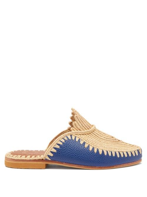 Matchesfashion.com Kilometre Paris - Raffia And Leather Backless Loafers - Womens - Navy