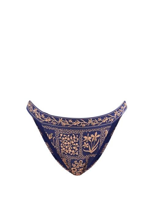 Agua By Agua Bendita - Lluvia Embroidered High-leg Bikini Briefs - Womens - Navy Print