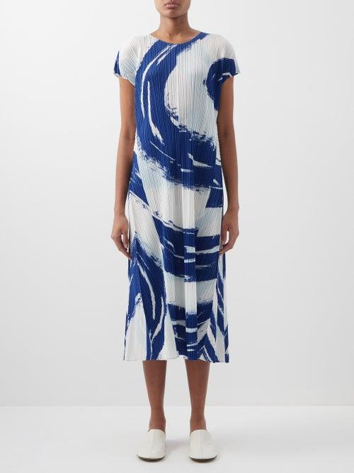 Pleats Please Issey Miyake - Technical-pleated Abstract-print Midi Dress - Womens - Blue Multi