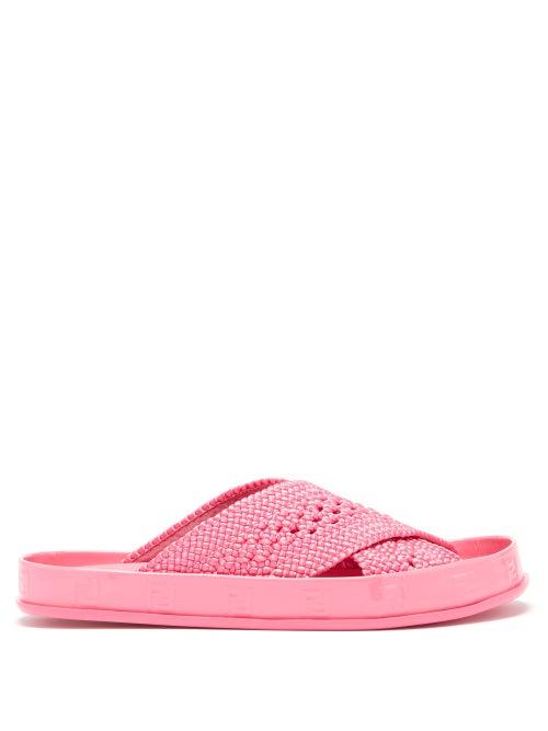 Ladies Shoes Fendi - Reflections Ff-logo Faux-raffia Slides - Womens - Fuchsia