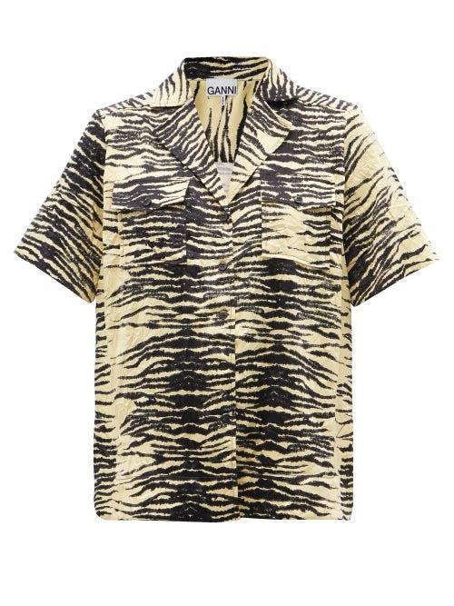 Ladies Rtw Ganni - Cuban-collar Zebra-print Crinkled-twill Shirt - Womens - Yellow