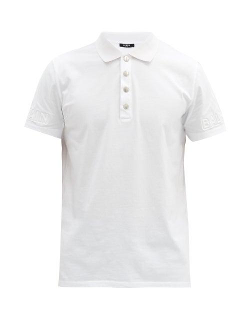Matchesfashion.com Balmain - Padded-logo Cotton-jersey Polo Shirt - Mens - White