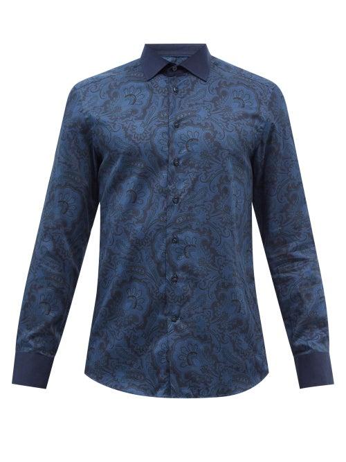 Etro - Linen-trimmed Floral-print Cotton-poplin Shirt - Mens - Dark Blue