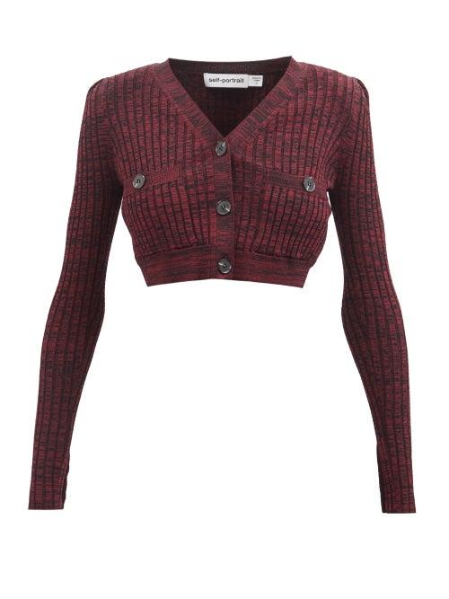 Self-portrait - Patch-pocket Cropped Ribbed Cardigan - Womens - Dark Red