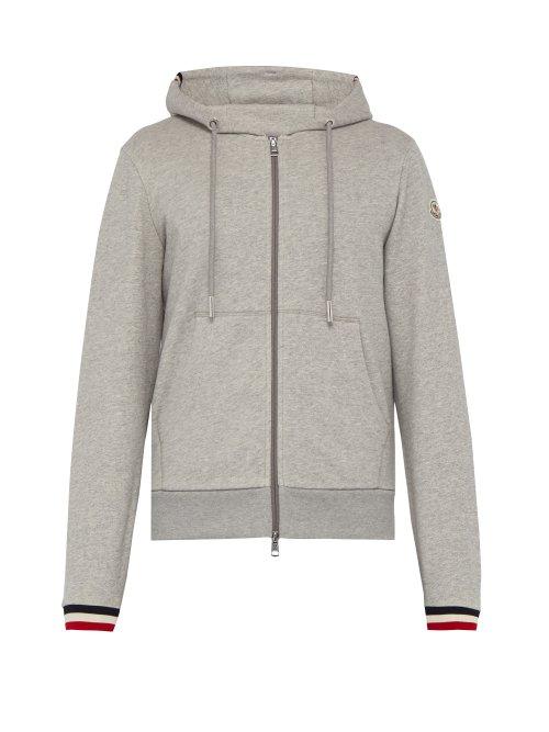Matchesfashion.com Moncler - Striped Cuff Cotton Zip Through Hooded Sweatshirt - Mens - Grey