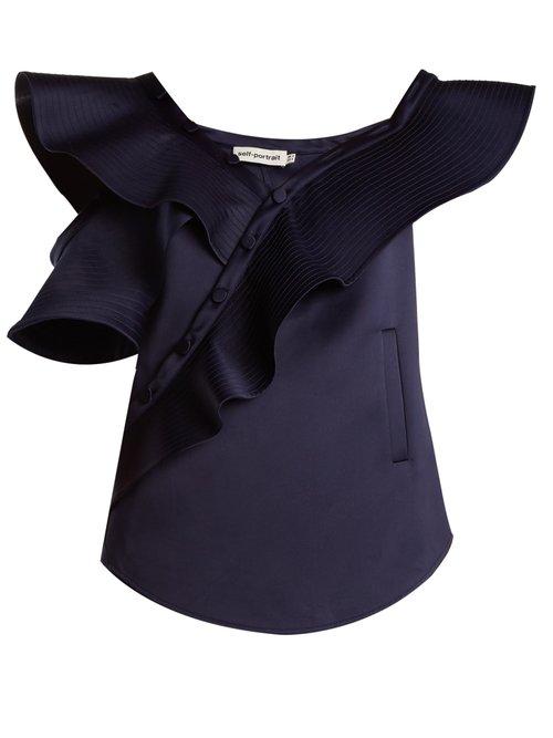 Matchesfashion.com Self-portrait - One Shoulder Ruffled Duchess Satin Top - Womens - Navy