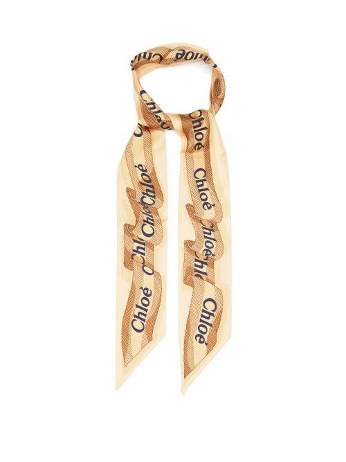 Chlo - Charlie Woody Logo-print Silk-twill Scarf - Womens - Beige Multi