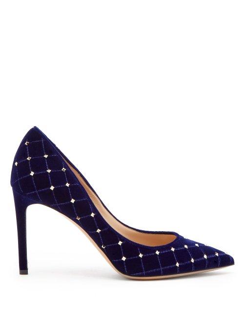 Matchesfashion.com Valentino - Rockstud Spike Velvet Point Toe Pumps - Womens - Navy