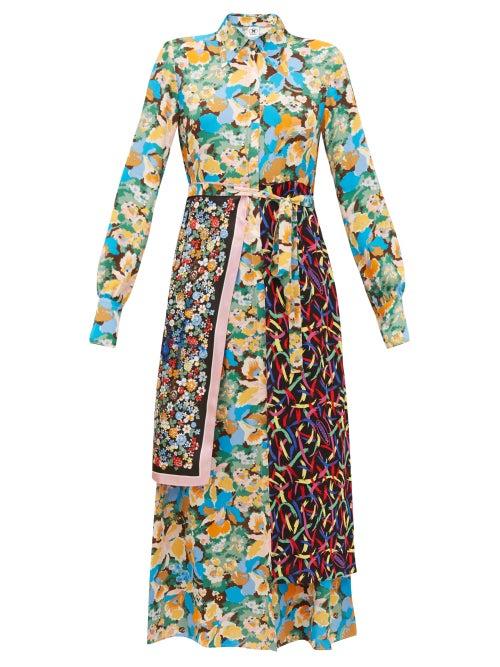 Matchesfashion.com M Missoni - Scarf-panel Floral-print Crepe Shirt Dress - Womens - Multi