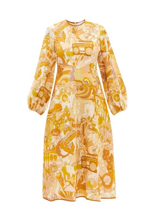 Zimmermann - Tempo Abstract-print Linen-voile Midi Dress - Womens - Yellow Print
