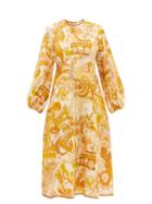 Zimmermann - Tempo Abstract-print Linen-voile Midi Dress - Womens - Yellow Print
